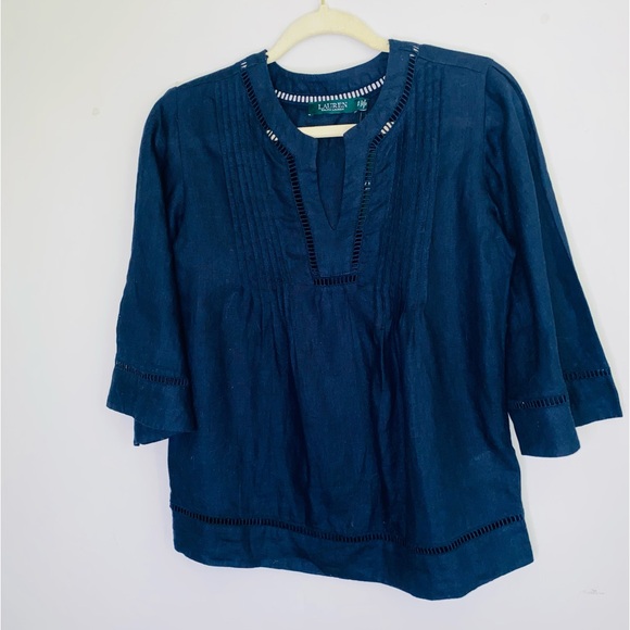 Lauren Ralph Lauren Women's Shirt Tunic Top, Split Round Neck Blouse 100% Linen - Picture 5 of 5